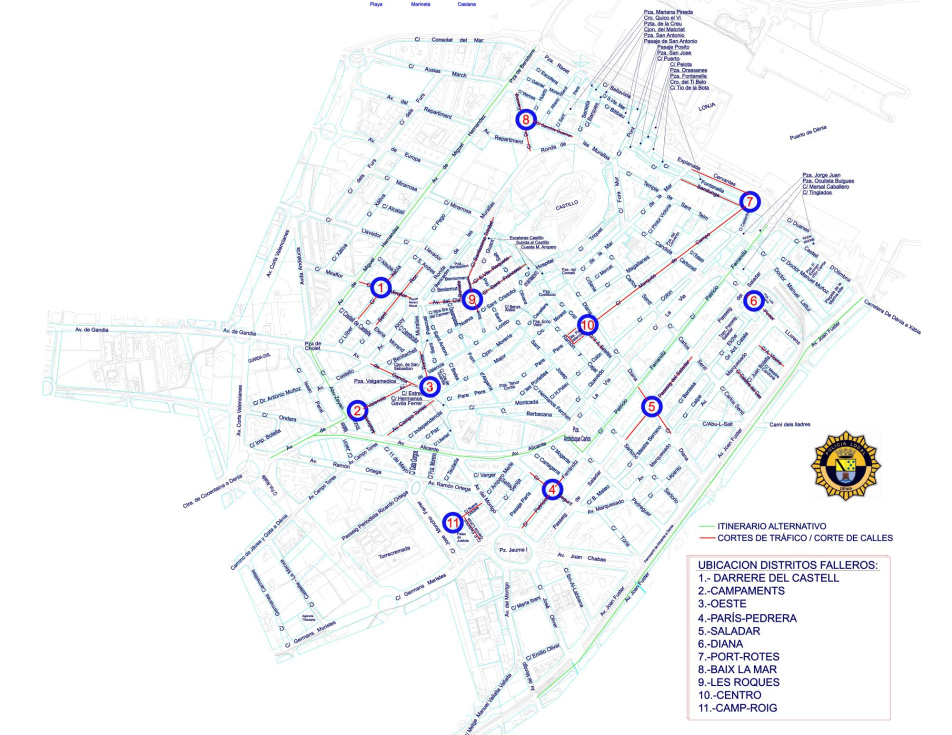 Plano cortes de calles en Fallas