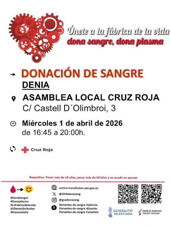 Dénia acoge una nueva jornada de donación de sangre el 1 de abril para reforzar las reservas hospitalarias