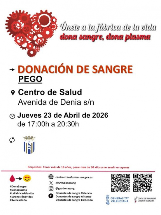 Pego acoge una nueva jornada de donación de sangre el 23 de abril en el Centro de Salud