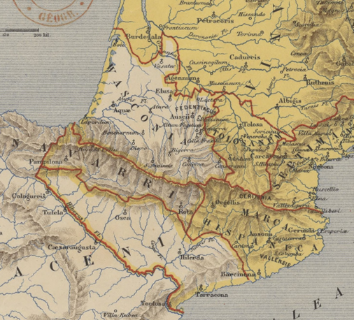 Imagen extraída del archivo Mapa de la «Marca Hispanica», «Navarra» y «Wasconia» en 806 según Auguste Longnon, 1876