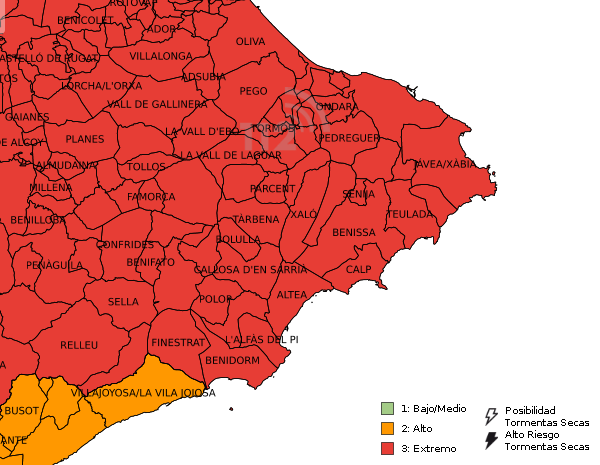 Riesgo extremo de incendios forestales en la Marina Alta