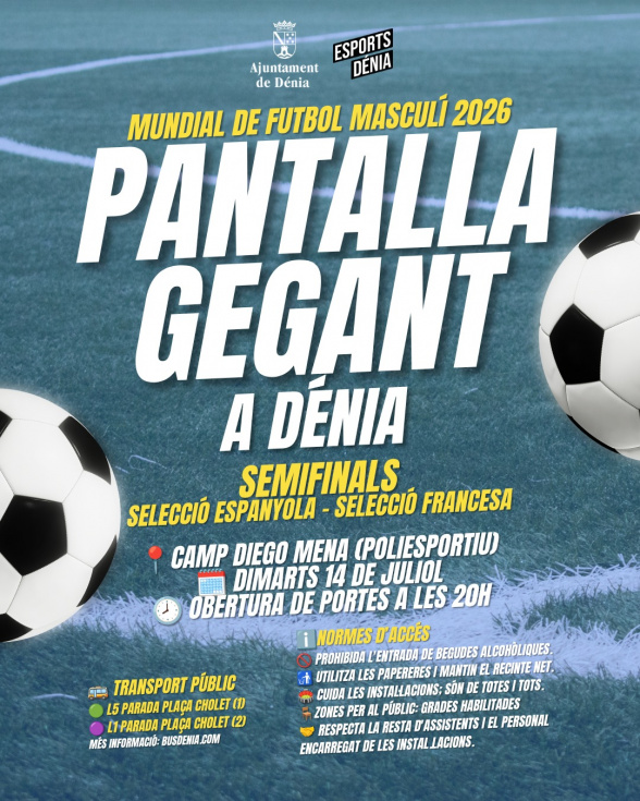 Dénia instalará una pantalla gigante en el Diego Mena para seguir la semifinal del Mundial entre España y Francia