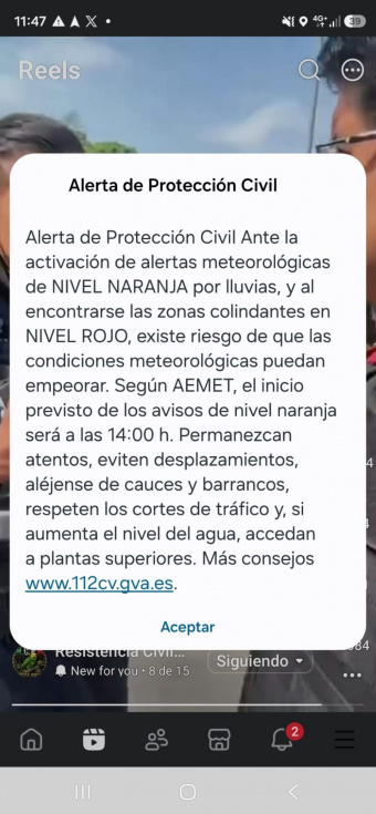¿Has recibido esta alerta? Protección Civil avisa en los móviles ante el riesgo por fuertes lluvias